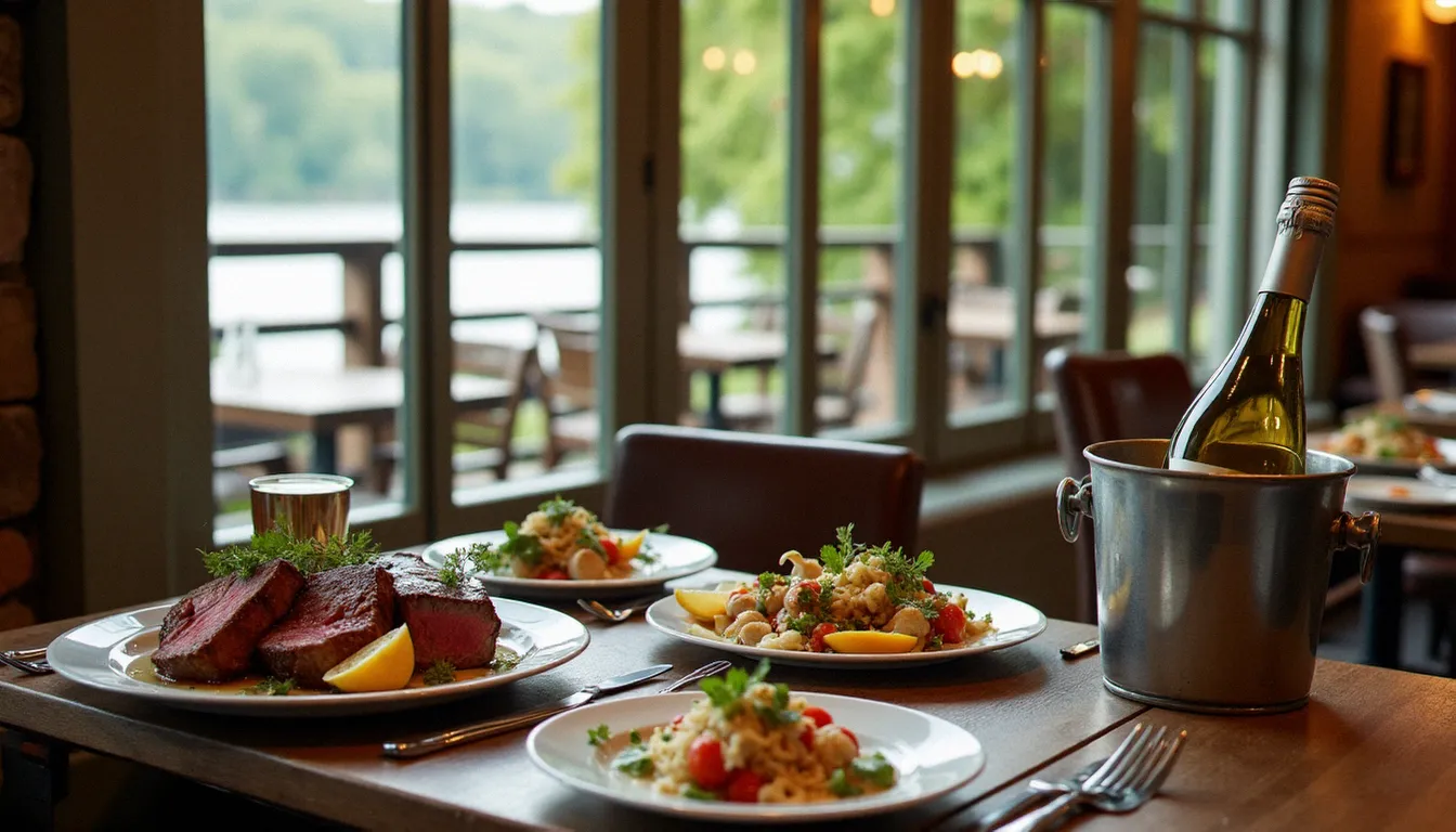 Intérieur d'une brasserie traditionnelle mâconnaise avec vue sur la Saône, table dressée avec une entrecôte charolaise et un poisson de rivière, bouteille de vin blanc Mâcon-Villages au premier plan