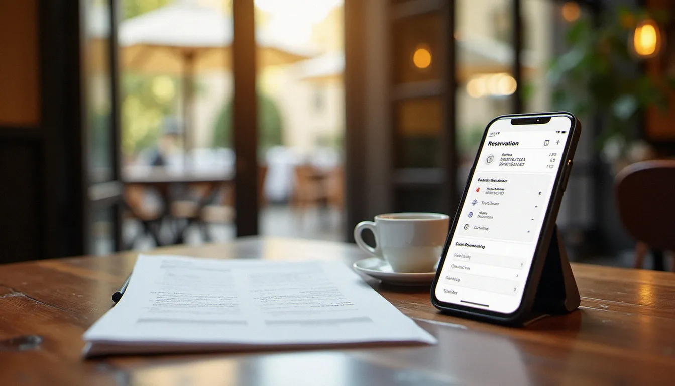 Carnet de réservation et smartphone affichant une page de réservation en ligne posés sur une table en bois, terrasse de restaurant au bord d'un fleuve visible en arrière-plan flou à travers des portes-fenêtres ouvertes