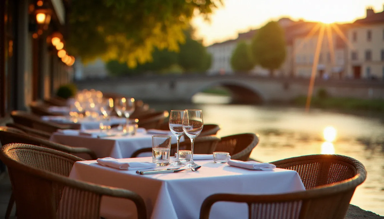 Terrasse de restaurant au bord de la Saône à Mâcon, tables dressées en lin blanc avec des verres à vin, reflets dorés sur le fleuve en fin de journée, vieille ville en arrière-plan
