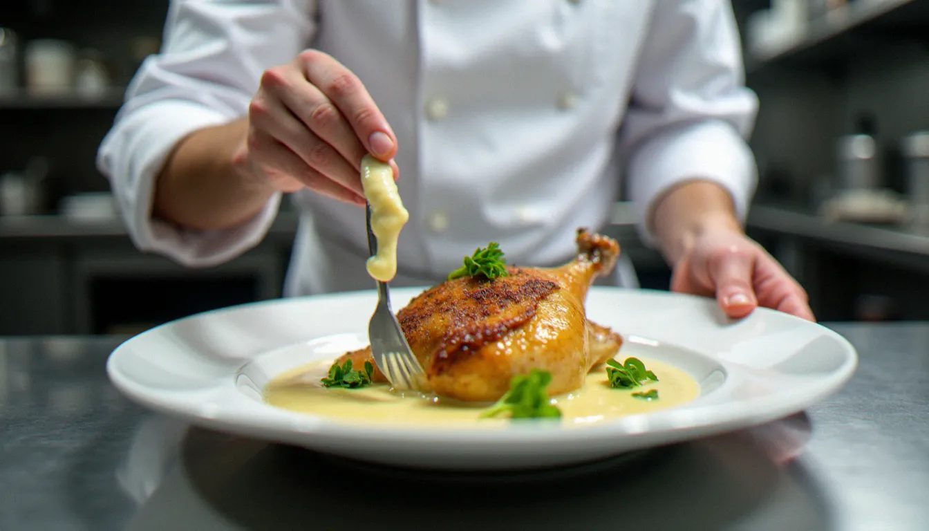 Chef étoilé dressant une volaille de Bresse AOP rôtie à la crème et à l'estragon dans la cuisine d'un restaurant gastronomique de la région mâconnaise