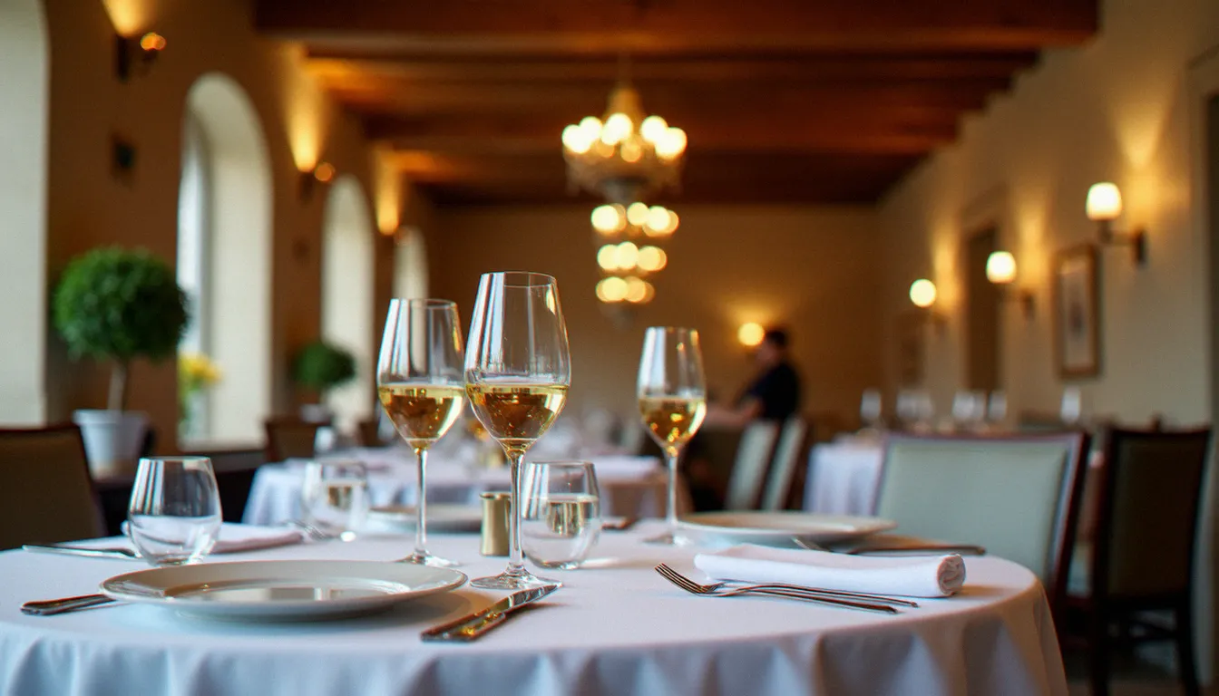 Table gastronomique dressée dans un restaurant étoilé de la région de Mâcon, avec verres de vin du Mâconnais et couverts en argent dans un cadre en pierre bourguignonne