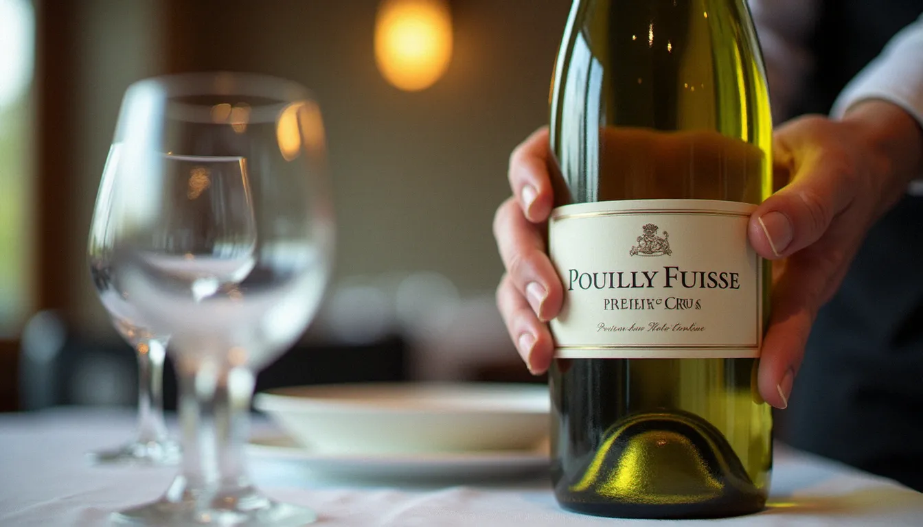 Sommelier présentant une bouteille de Pouilly-Fuissé Premier Cru lors d'un service en restaurant gastro à Mâcon, mise en scène élégante en lumière naturelle