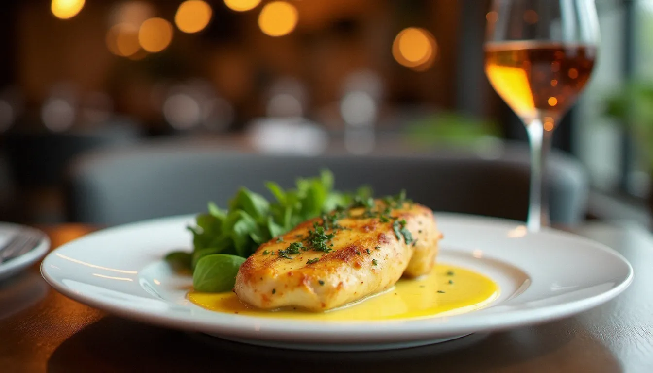 Suprême de volaille de Bresse AOP dressé avec sauce à la crème et herbes fraîches dans un restaurant gastronomique de Mâcon, service en assiette de porcelaine blanche