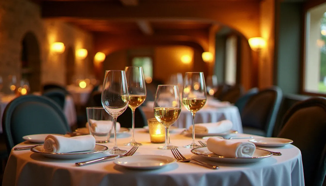 Salle d'un restaurant gastro à Mâcon avec tables dressées en lin blanc, verres à vin en cristal et lumière tamisée évoquant l'élégance bourguignonne