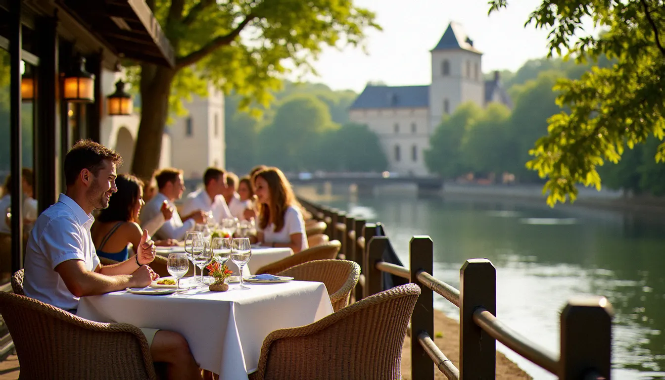 Terrasse d'un restaurant gastronomique à Tournus en Saône-et-Loire, avec vue sur la Saône et l'abbaye Saint-Philibert en arrière-plan
