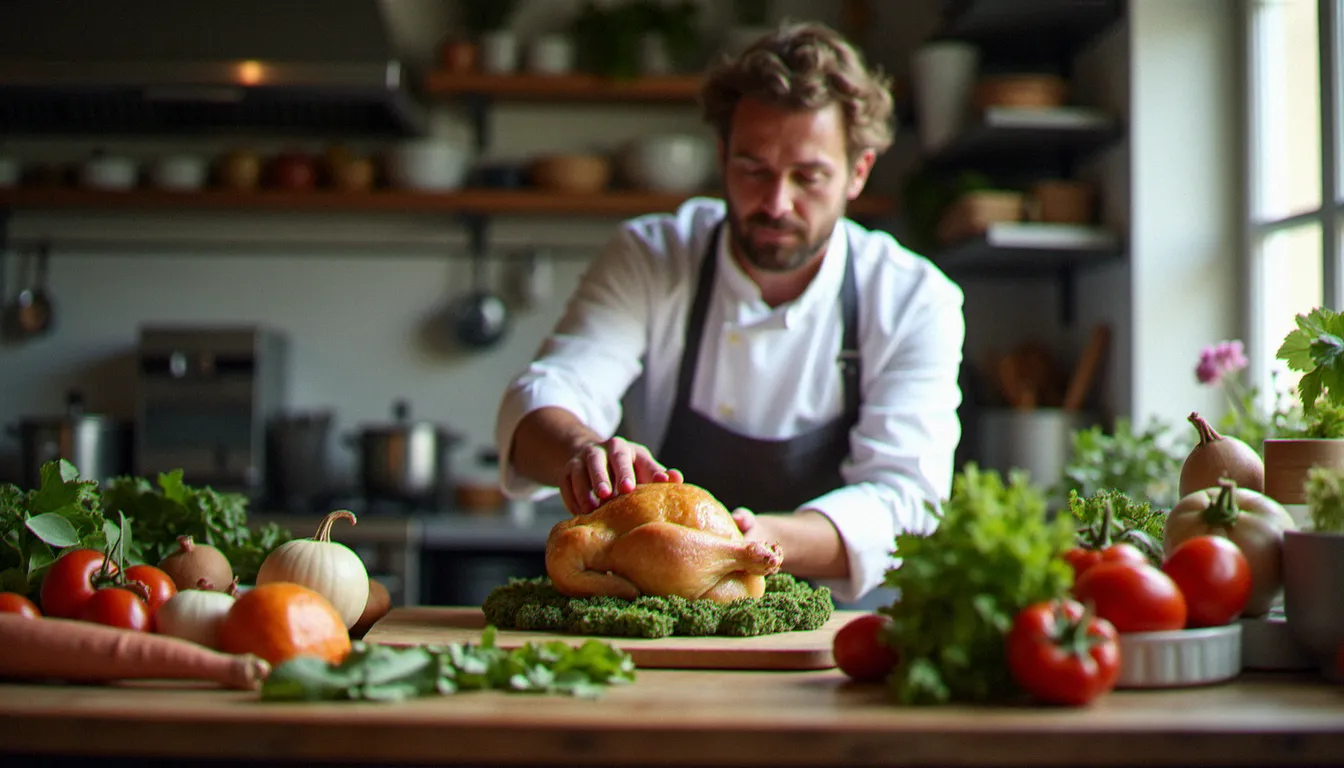 Chef cuisinier en Saône-et-Loire sélectionnant une volaille de Bresse AOP et des légumes locaux dans sa cuisine gastronomique