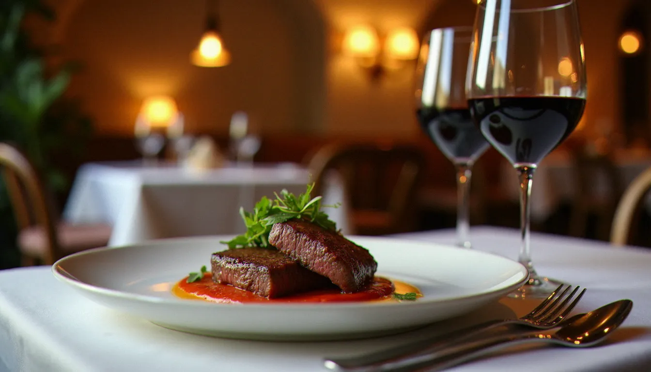 Assiette gastronomique de bœuf charolais dressée avec soin dans un restaurant gastro de Saône-et-Loire, avec un verre de vin rouge bourguignon