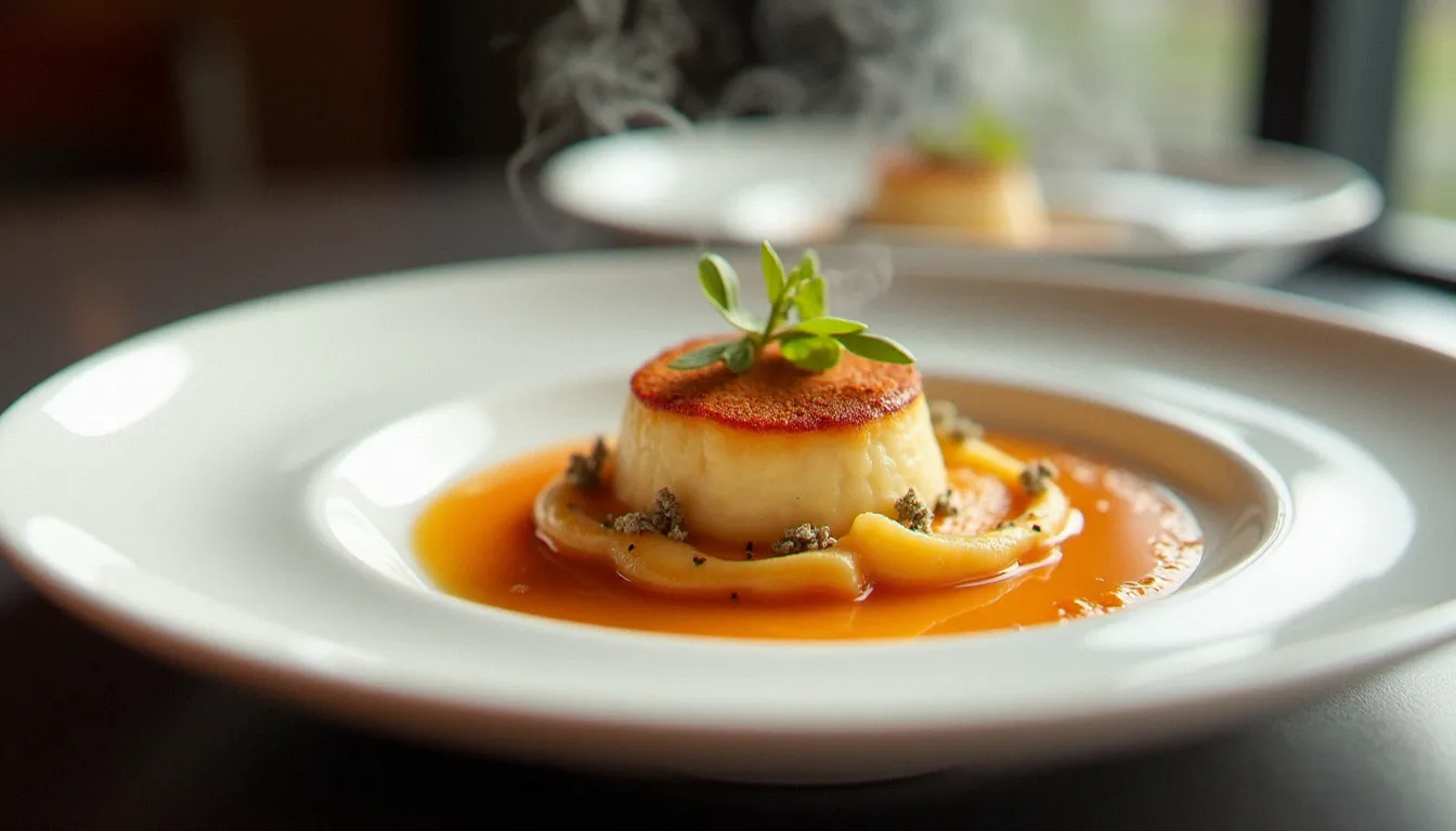 Quenelle de brochet sauce Nantua dressée sur assiette en porcelaine blanche dans un restaurant gastronomique de Bourgogne