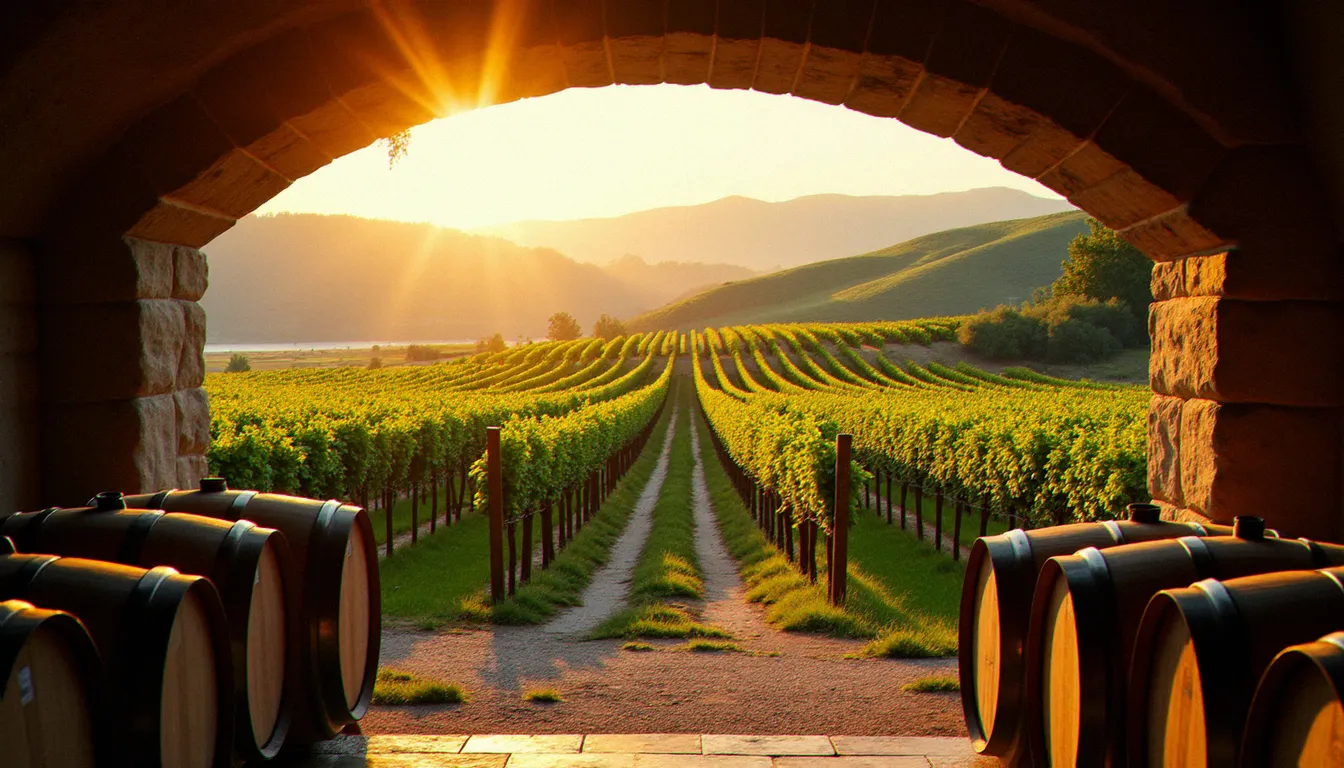 Vignoble du Mâconnais au coucher du soleil avec la Saône en arrière-plan, illustrant le terroir viticole qui inspire la gastronomie locale