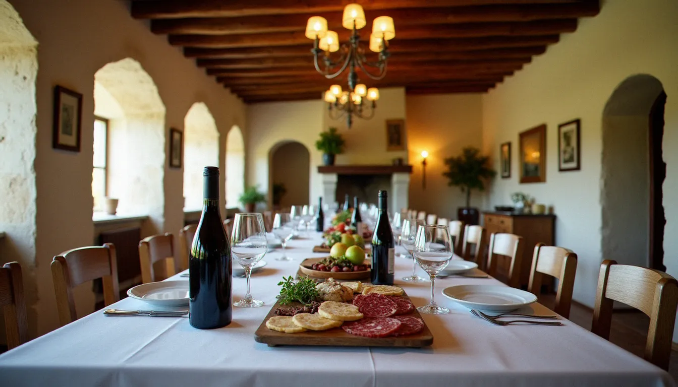 Intérieur d'une auberge de campagne du Clunisois près de Mâcon, table dressée avec vins locaux et spécialités bourguignonnes sous des poutres en bois