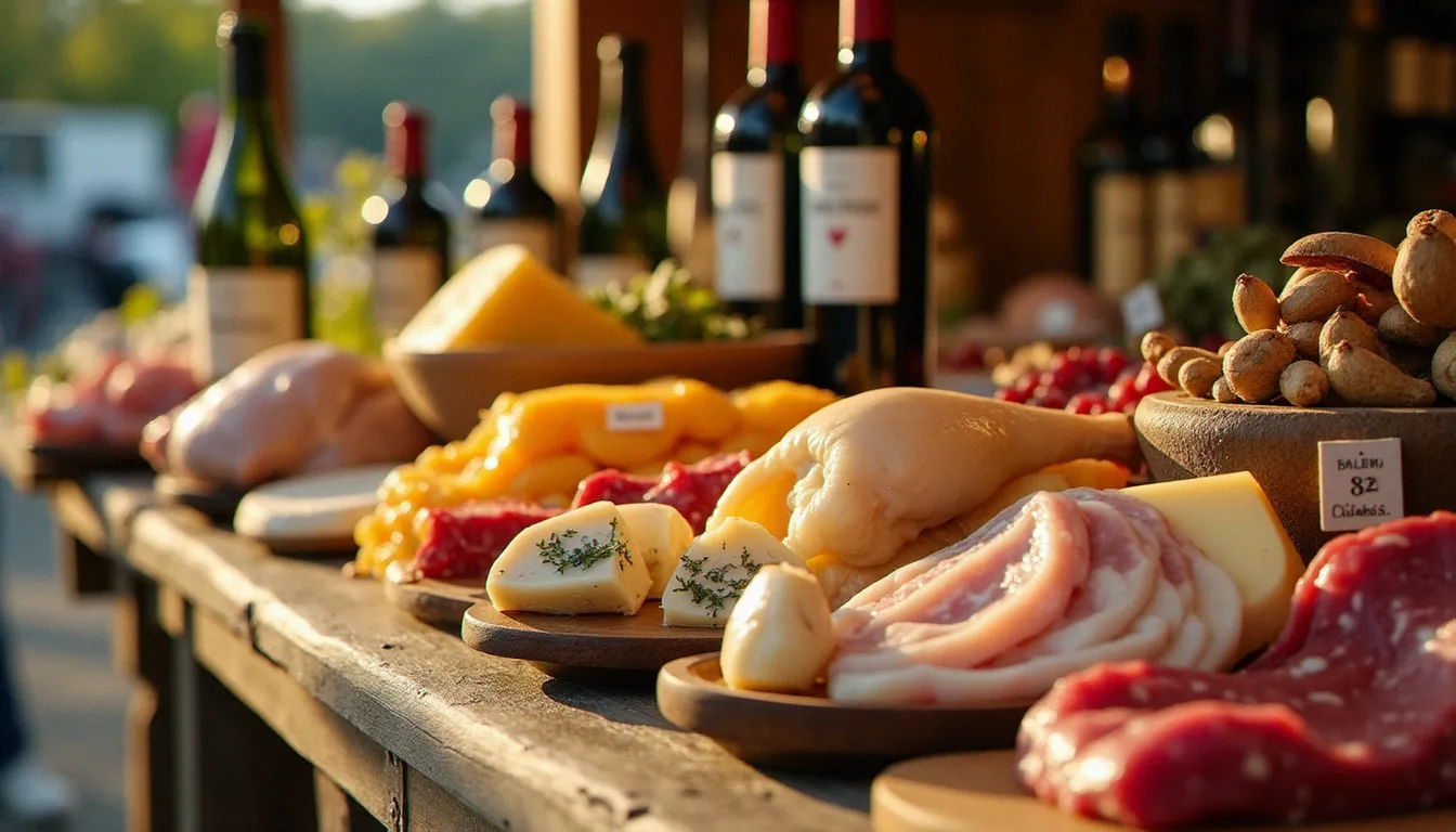 Étal de marché régional près de Mâcon présentant les produits du terroir mâconnais : volaille de Bresse, fromage de chèvre, morilles fraîches et vins du Mâconnais