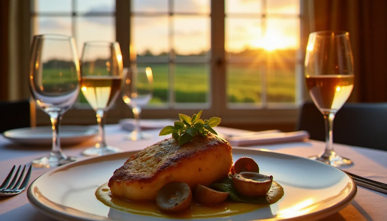 Salle de restaurant gastronomique en Bourgogne avec vue sur les vignes du Mâconnais, assiette de volaille de Bresse aux morilles dressée avec soin sur une table en lin blanc