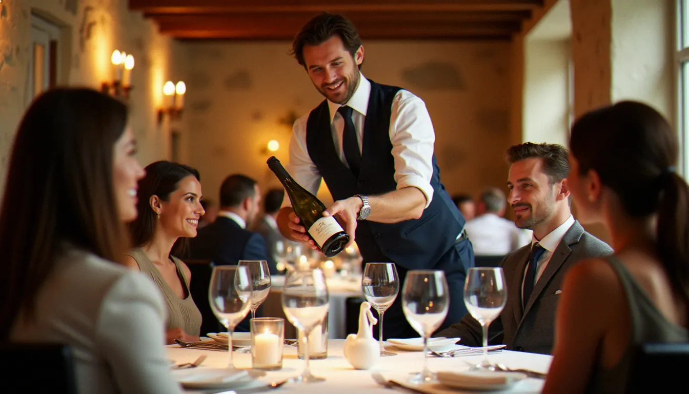 Intérieur d'un restaurant gastronomique à Mâcon avec nappes blanches, verres en cristal et bouteille de Pouilly-Fuissé présentée par un sommelier