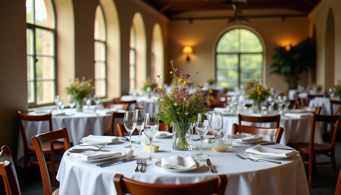 Salle de restaurant gastronomique en Saône-et-Loire avec nappes blanches, verres en cristal et lumière naturelle filtrant par des fenêtres en pierre