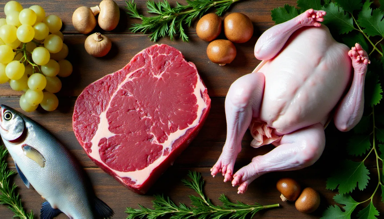 Produits du terroir de Saône-et-Loire disposés sur une table en bois rustique : bœuf charolais, volaille de Bresse, poisson de Saône, raisins du Mâconnais et champignons sauvages
