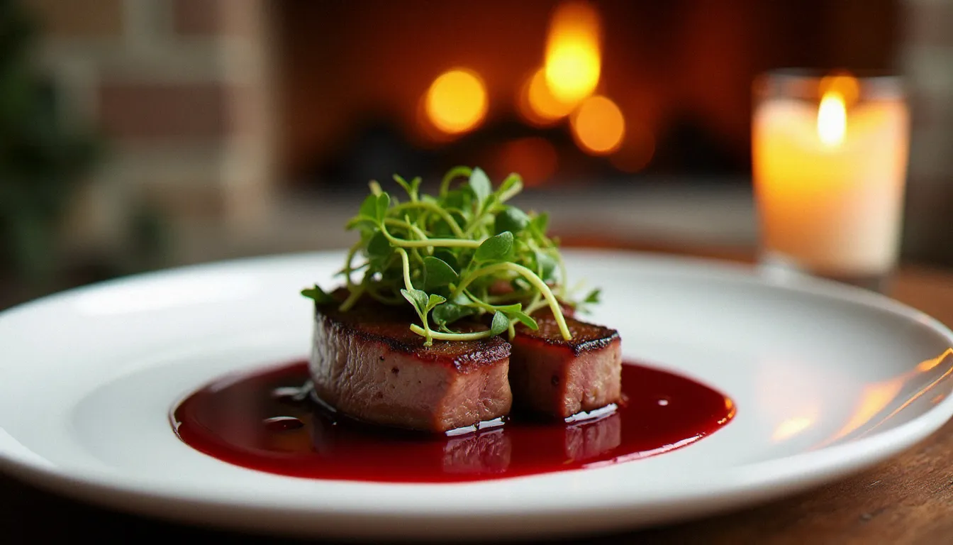 Assiette gastronomique de bœuf charolais en sauce vin rouge dans un restaurant gastronomique de Saône-et-Loire, décor en pierre bourguignon