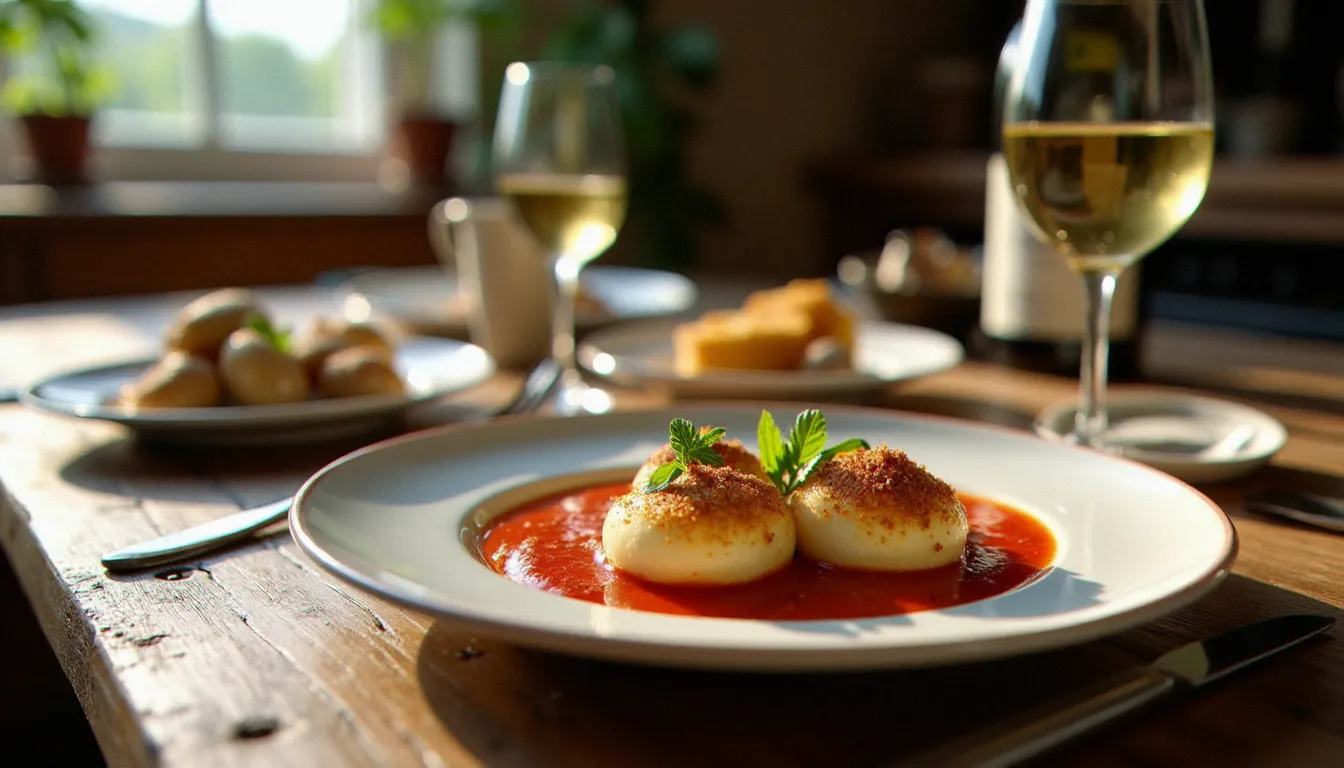 Menu bourguignon typique avec œufs en meurette, escargots au beurre persillé et verre de Pouilly-Fuissé sur table en bois rustique