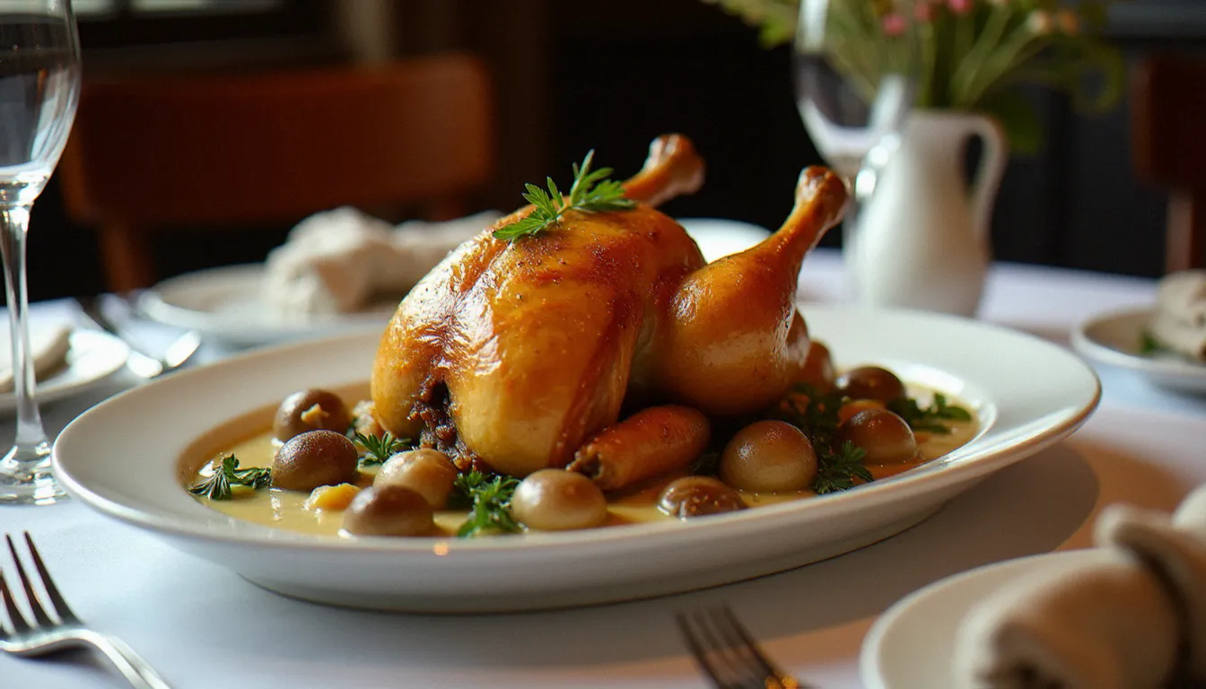 Poulet de Bresse AOP rôti entier sur plat ovale blanc avec morilles à la crème, servi dans un cadre de restaurant gastronomique bourguignon