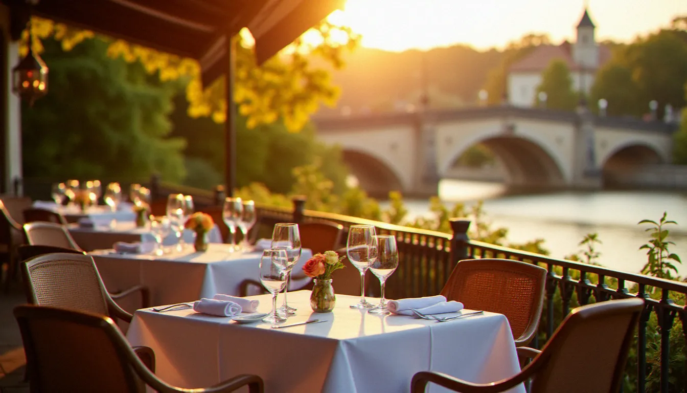 Terrasse du restaurant Le Saint-Laurent à Mâcon avec vue sur la Saône au coucher du soleil, tables dressées avec nappes blanches et verres à vin