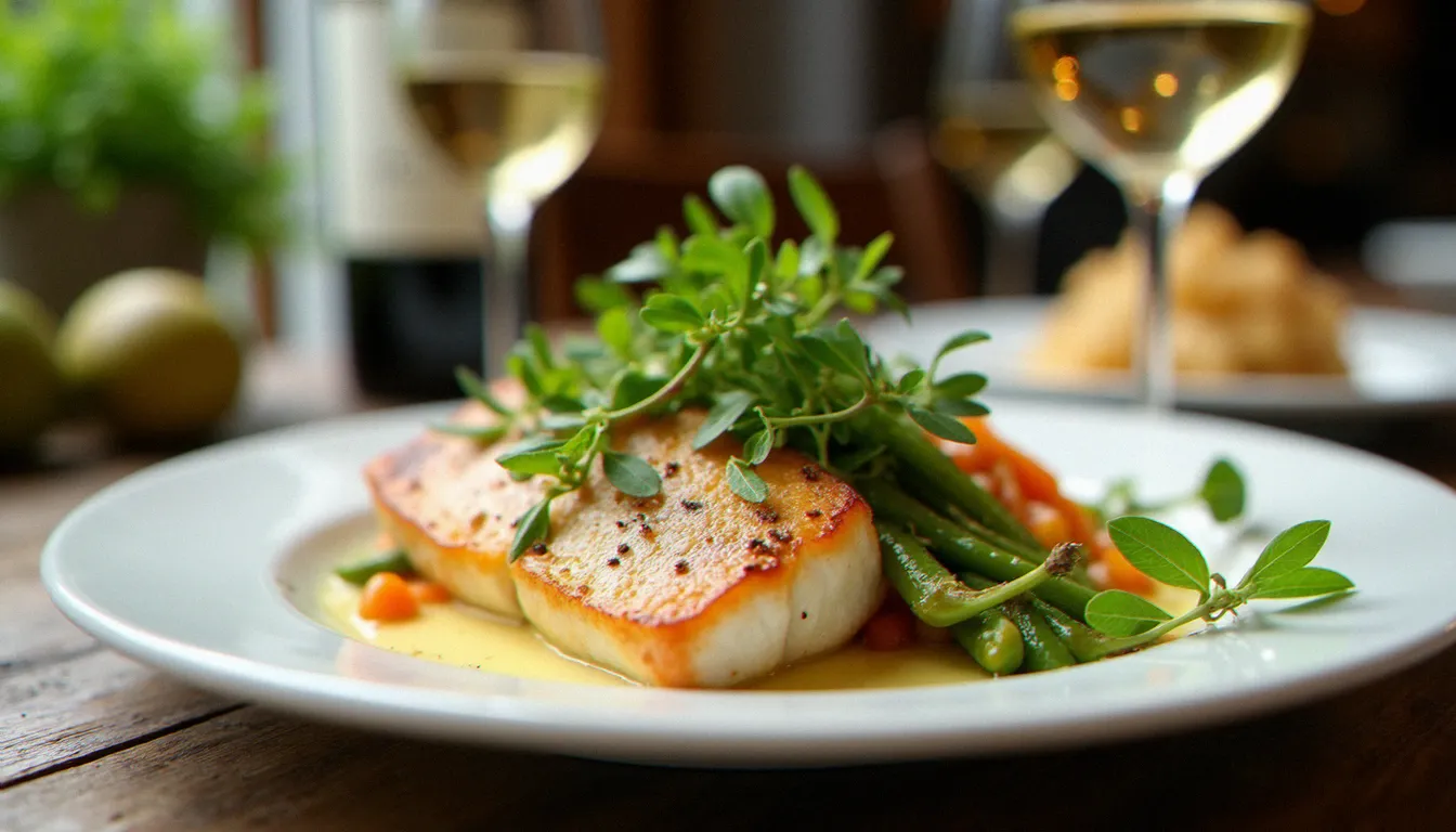 Plat de sandre au beurre blanc servi dans un restaurant mâconnais, accompagné d'un verre de vin blanc de Bourgogne, cuisine traditionnelle régionale