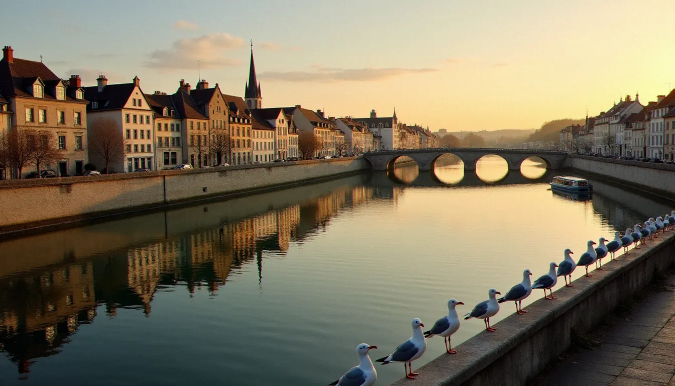 Vue aérienne des quais de Mâcon en bord de Saône au coucher du soleil, paysage urbain bourguignon avec mouettes sur les berges du fleuve