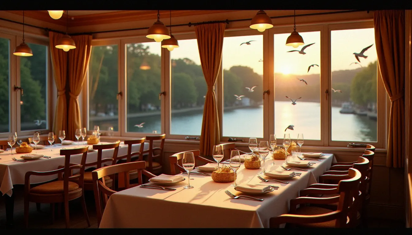 Salle de restaurant traditionnel français avec vue sur la Saône à Mâcon, tables dressées et lumière dorée évoquant le restaurant Les Mouettes à Mâcon