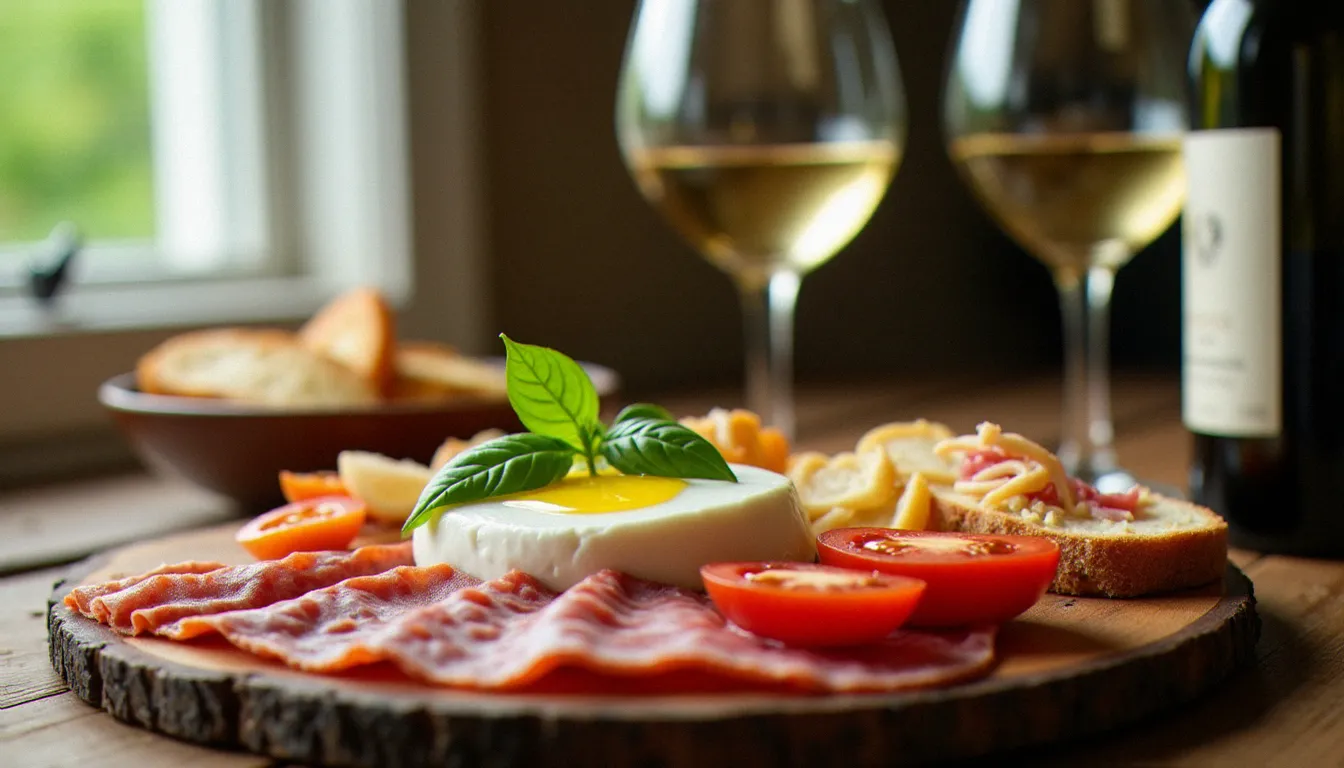 Assiette d'antipasti italiens avec burrata, charcuterie et bruschetta, accompagnée d'un verre de vin blanc du Mâconnais