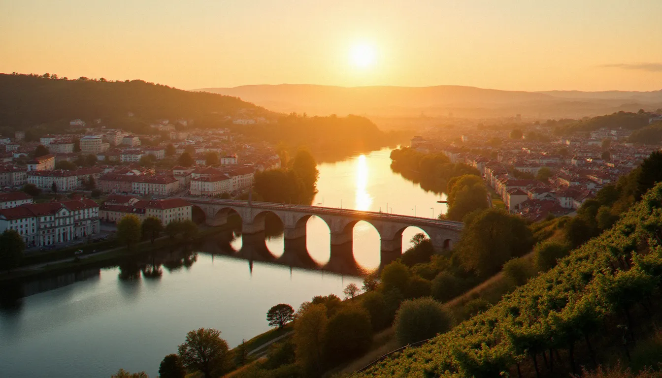 Vue panoramique de Mâcon et de la Saône au coucher du soleil, avec les vignobles du Mâconnais visibles sur les coteaux en arrière-plan