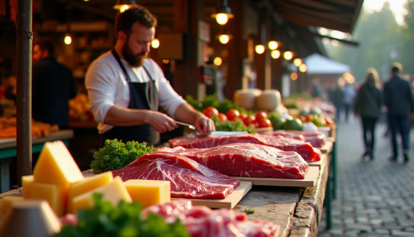 Marché couvert de Mâcon avec étals de bœuf charolais, fromages de Bourgogne et poissons frais de la Saône