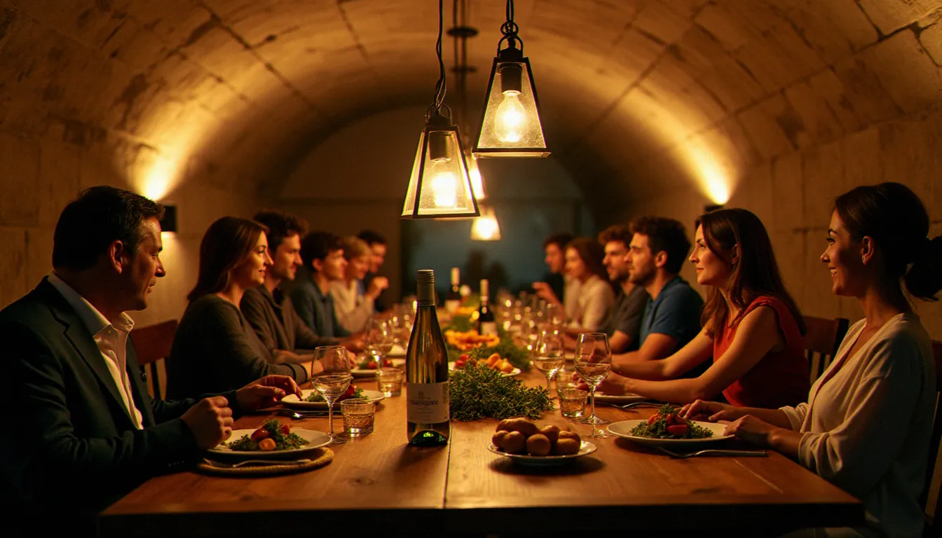 Repas convivial dans une cave voûtée chez un vigneron du Mâconnais avec des bouteilles de Pouilly-Fuissé et des plats du terroir