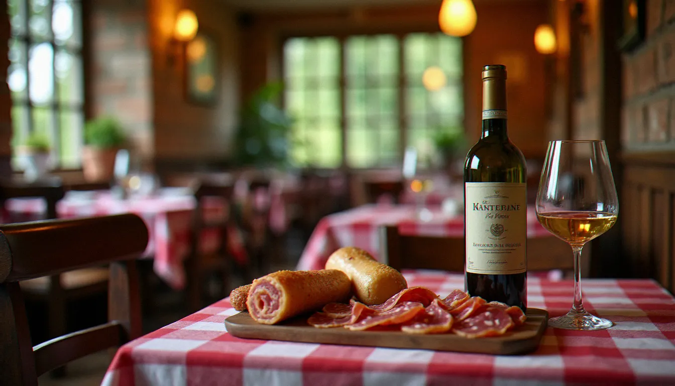 Intérieur d'un bistrot traditionnel mâconnais avec une planche de charcuteries locales et une carafe de vin blanc du Mâconnais
