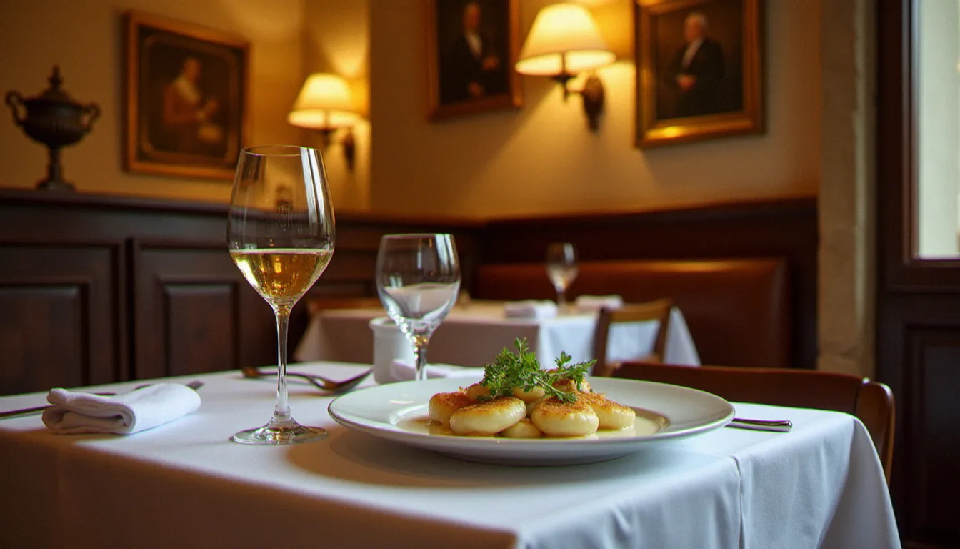 Table dressée dans un restaurant traditionnel à Mâcon avec une assiette de quenelles de brochet et un verre de vin blanc Mâcon-Villages