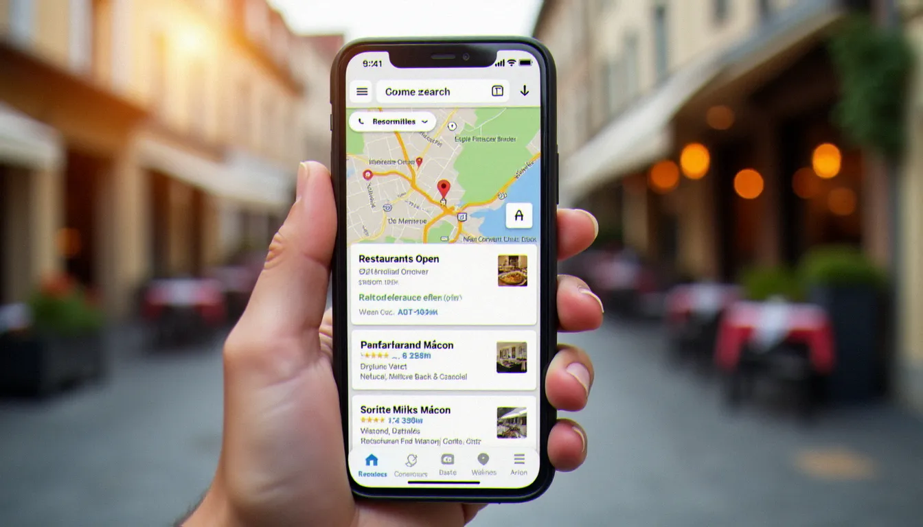 Recherche sur smartphone de restaurants ouverts le dimanche à Mâcon via Google Maps, en plein centre-ville