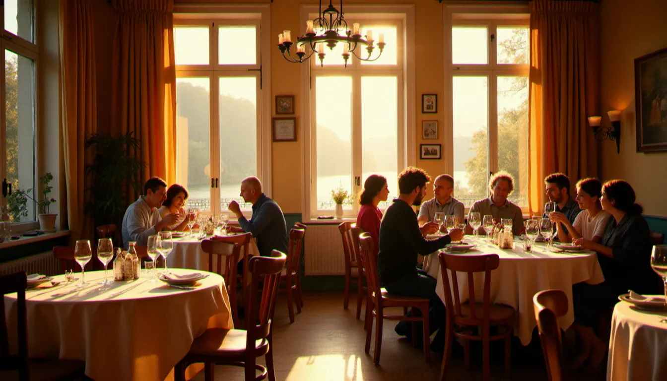 Salle de restaurant à Mâcon ouverte le dimanche, tables dressées en bord de Saône avec lumière dorée d'après-midi