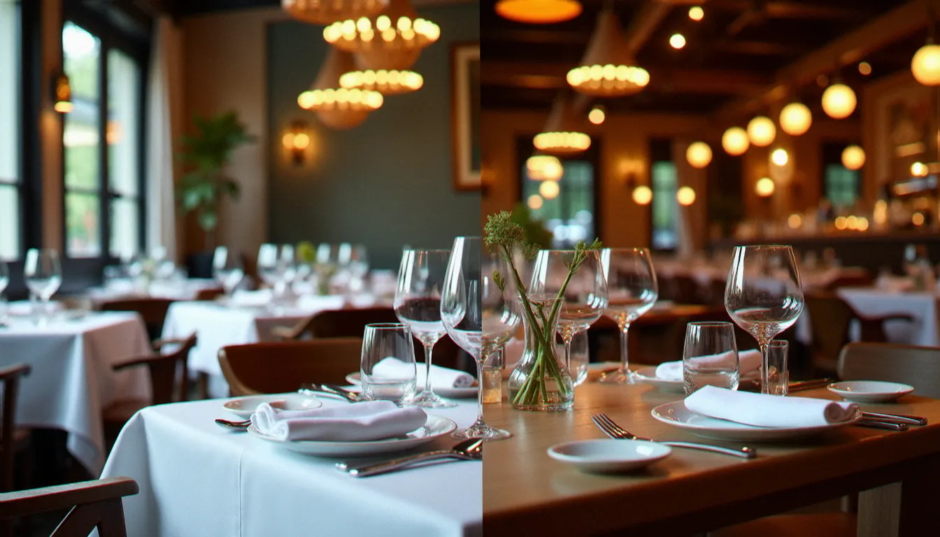 Comparaison entre la salle d'un restaurant gastronomique étoilé très formel et celle d'un restaurant semi gastronomique moderne et chaleureux