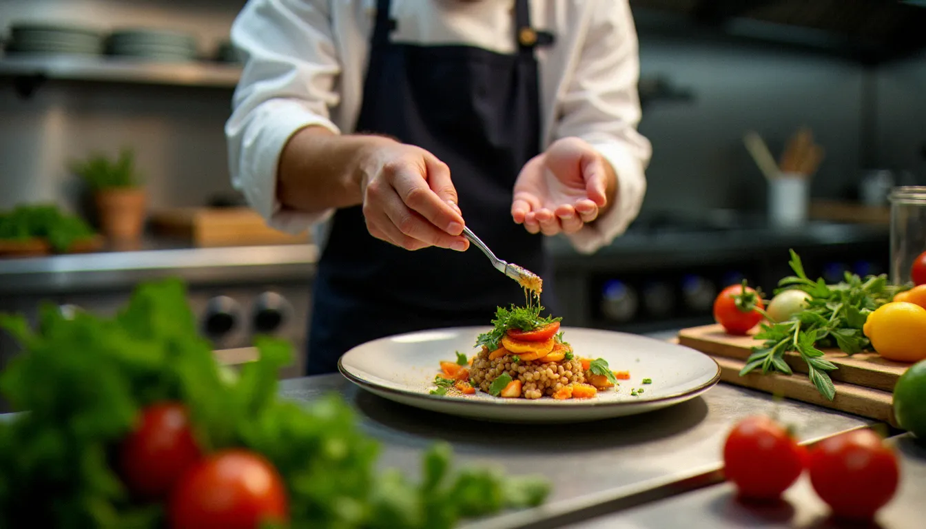 Chef français en cuisine dressant avec soin une assiette créative dans un restaurant semi gastronomique, entouré de produits frais et d'herbes aromatiques