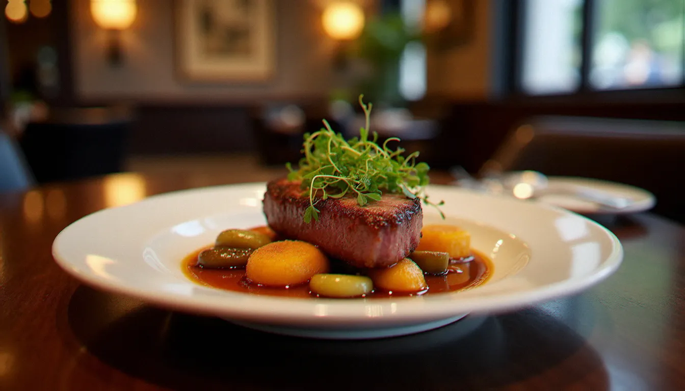 Assiette gastronomique soignée dans un restaurant semi gastronomique français, avec un canard rôti et légumes de saison sur nappe sobre