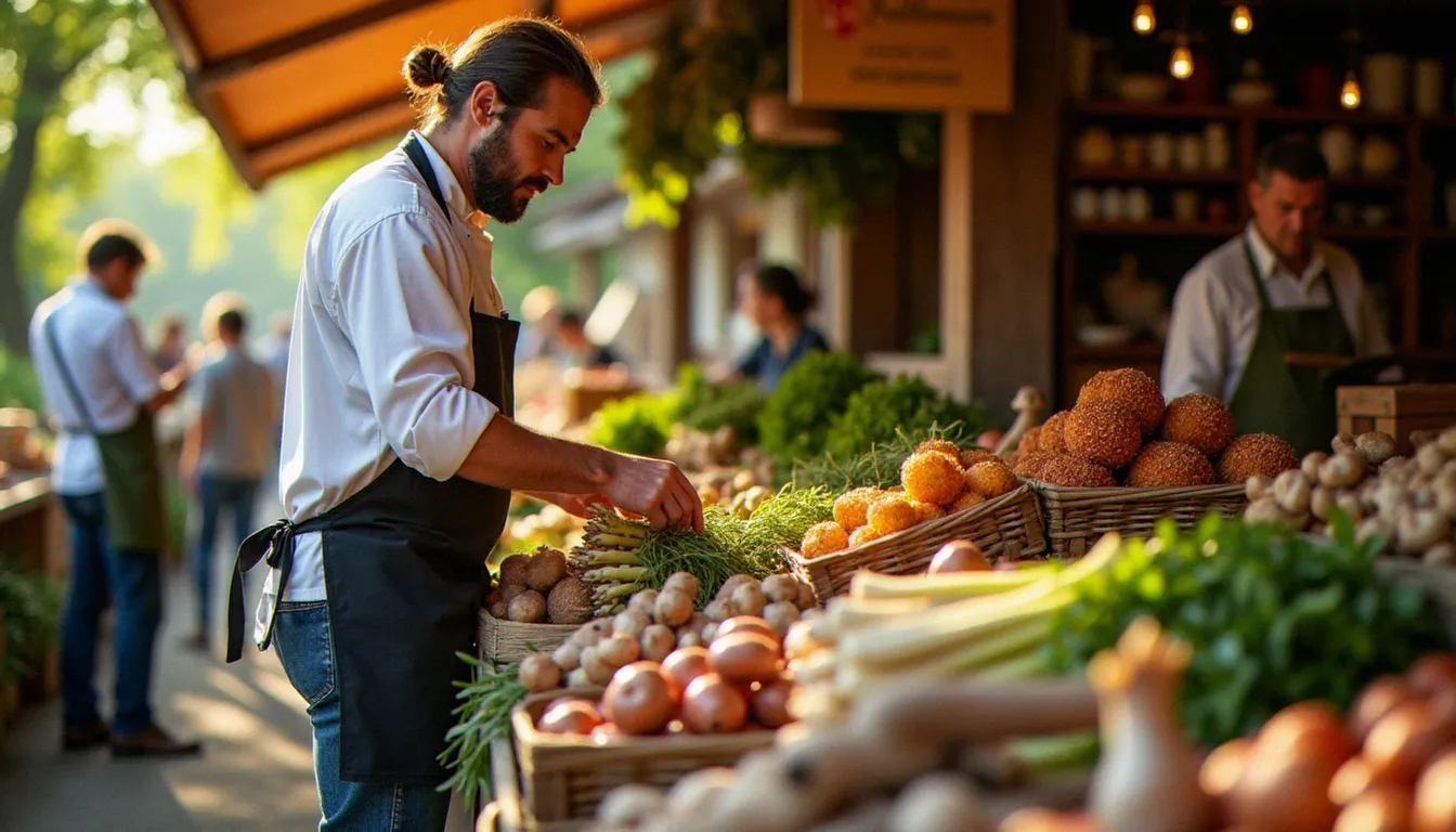 Chef sélectionnant des asperges et champignons de cave chez des producteurs locaux du Val de Loire au marché du matin