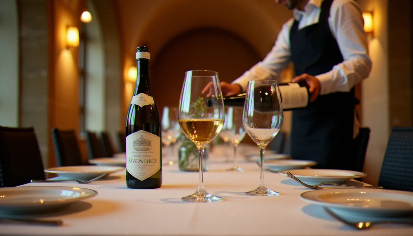 Table dressée avec élégance dans un restaurant semi gastronomique de la Loire, avec verres à vin et présentation du sommelier