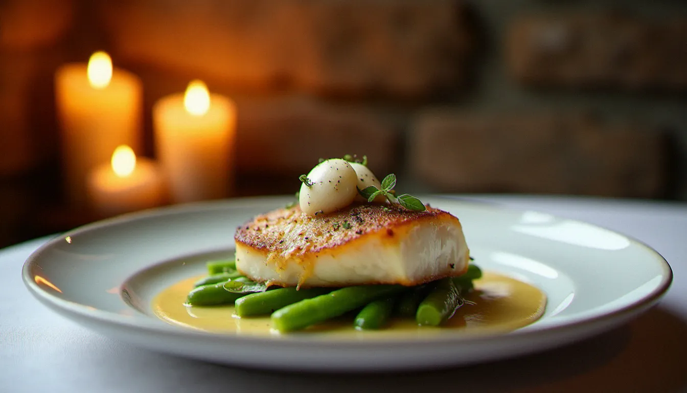 Assiette de sandre de Loire dressée avec soin dans un restaurant semi gastronomique aux murs en tuffeau, éclairée à la bougie