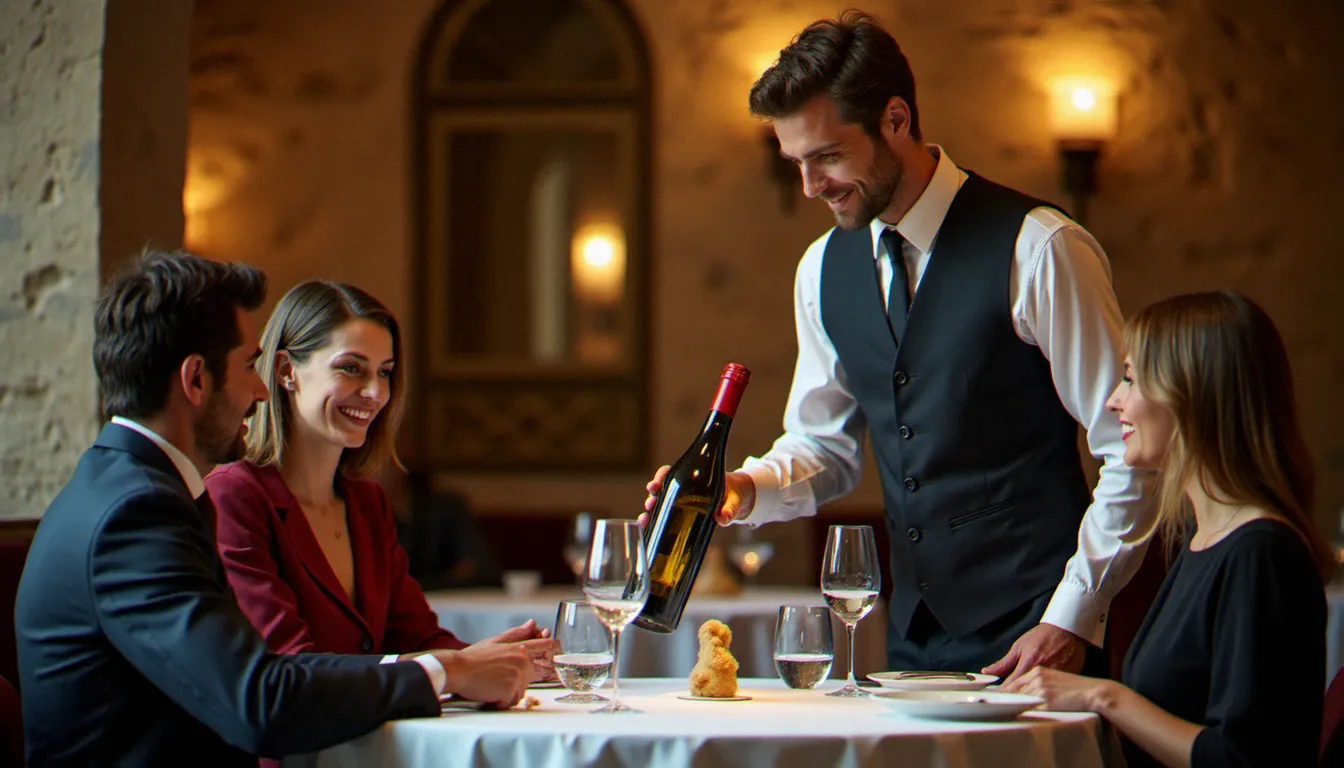 Sommelier présentant un vin naturel à des clients dans la salle feutrée d'un restaurant semi gastronomique parisien au cadre contemporain