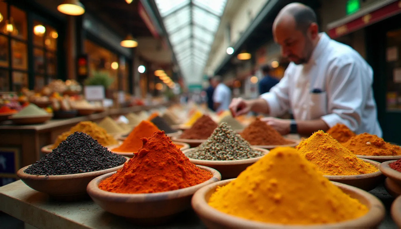 Chef parisien choisissant des épices rares au marché couvert, ingrédients clés de la cuisine semi gastronomique contemporaine à Paris