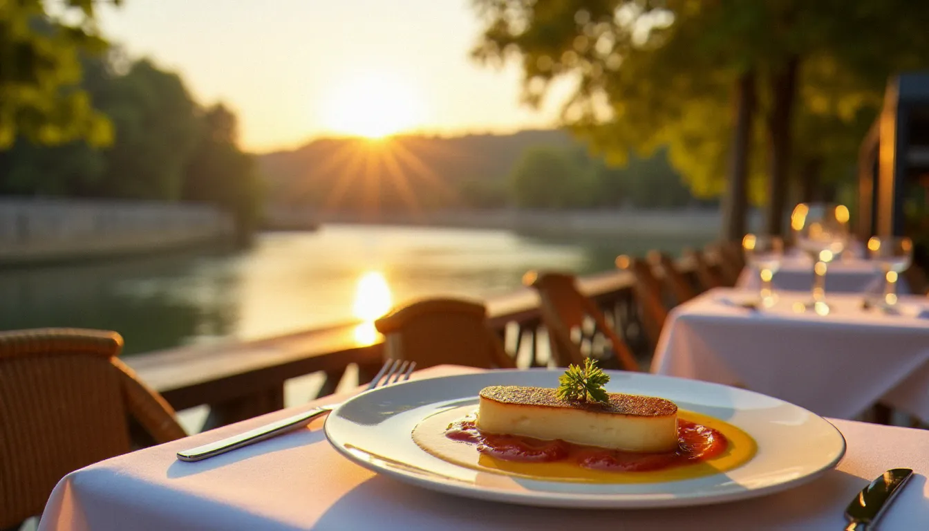 Terrasse d'un restaurant Macon en bord de Saône avec une quenelle de brochet sauce Nantua au premier plan, lumière dorée de fin de journée