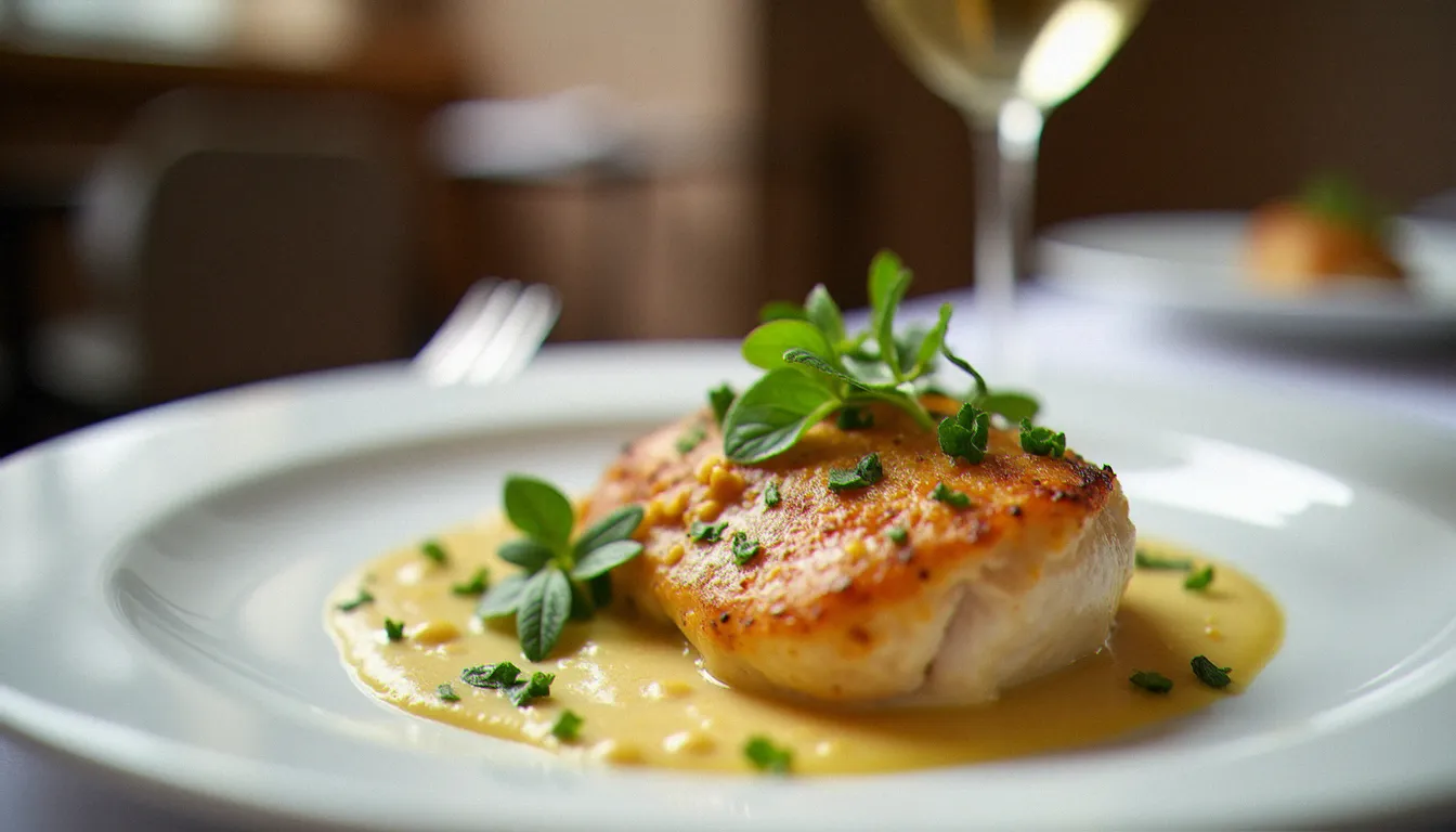 Suprême de volaille de Bresse sauce crème servi dans un restaurant gastronomique de Macon, accompagné d'un verre de Pouilly-Fuissé
