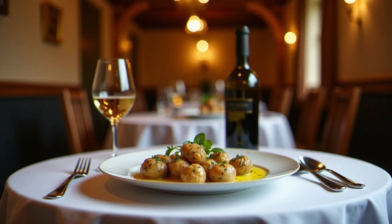 Table dressée dans un restaurant traditionnel de Macon avec un verre de vin blanc mâconnais et des escargots de Bourgogne en entrée