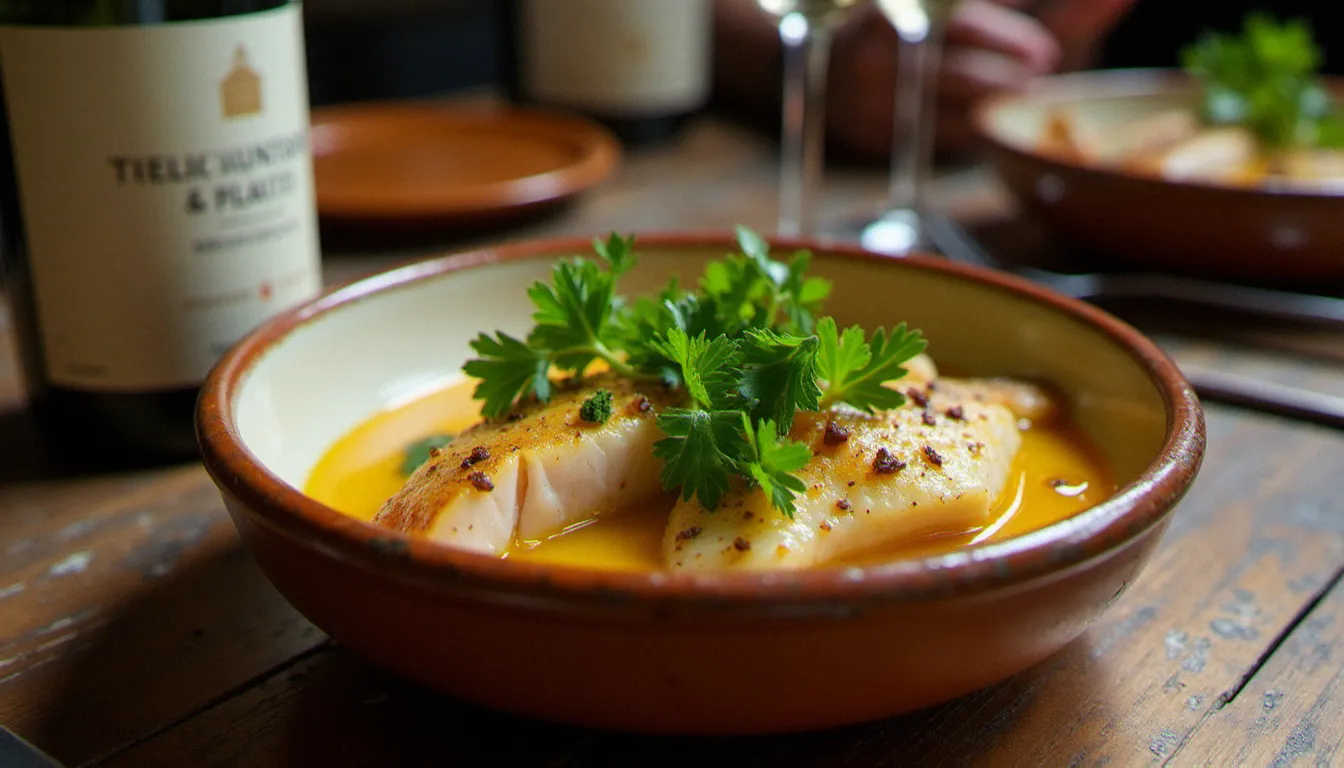 Pochouse bourguignonne servie dans un bol en céramique rustique, spécialité incontournable des restos de Mâcon, sauce au vin blanc et persil frais