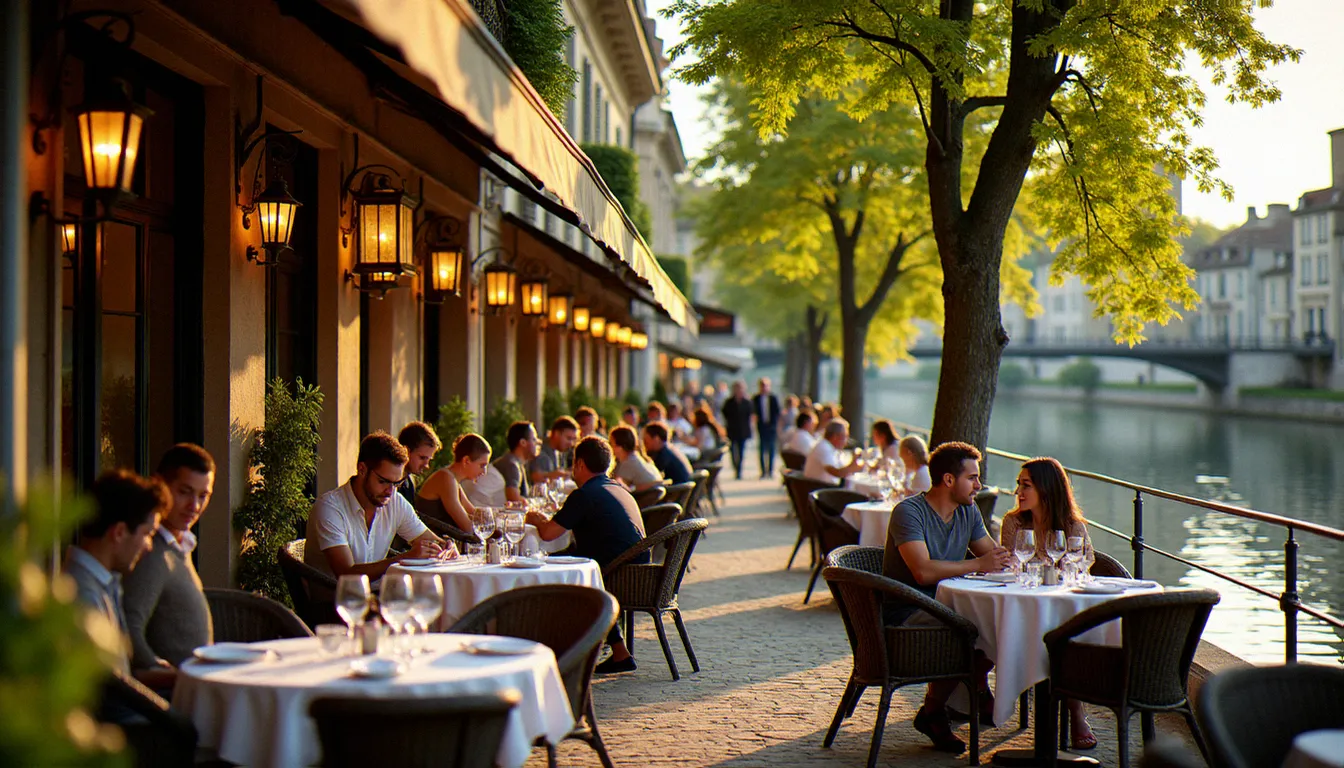 Terrasse d'un resto à Mâcon en bord de Saône sous la lumière dorée du soir, clients attablés avec verres de vin et bâtiments historiques en arrière-plan