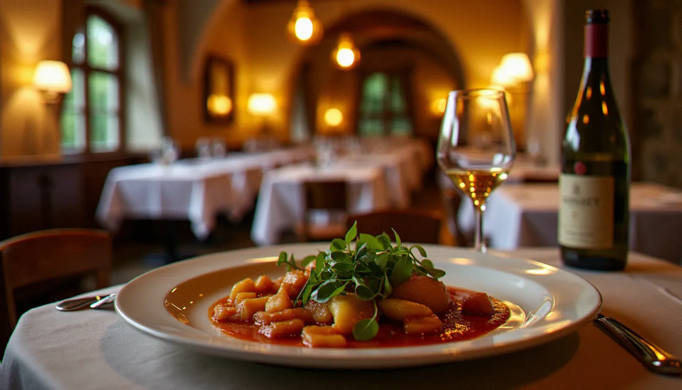 Intérieur d'un resto à Mâcon avec tables dressées en lin blanc, bouteille de Pouilly-Fuissé et murs en pierre caractéristiques de la Bourgogne