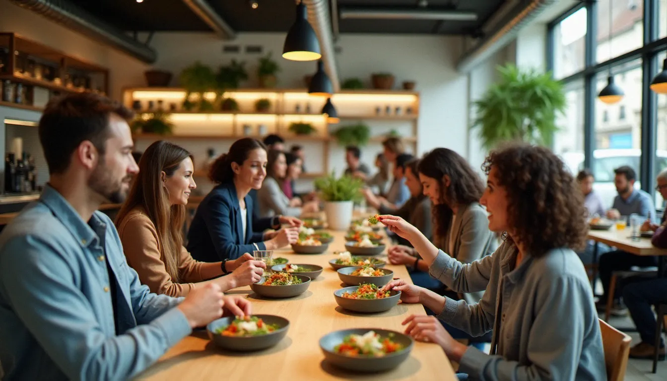Salle animée d'un restaurant healthy à l'heure du déjeuner, illustrant l'attractivité des concepts comme le Helfy Mâcon pour une clientèle variée