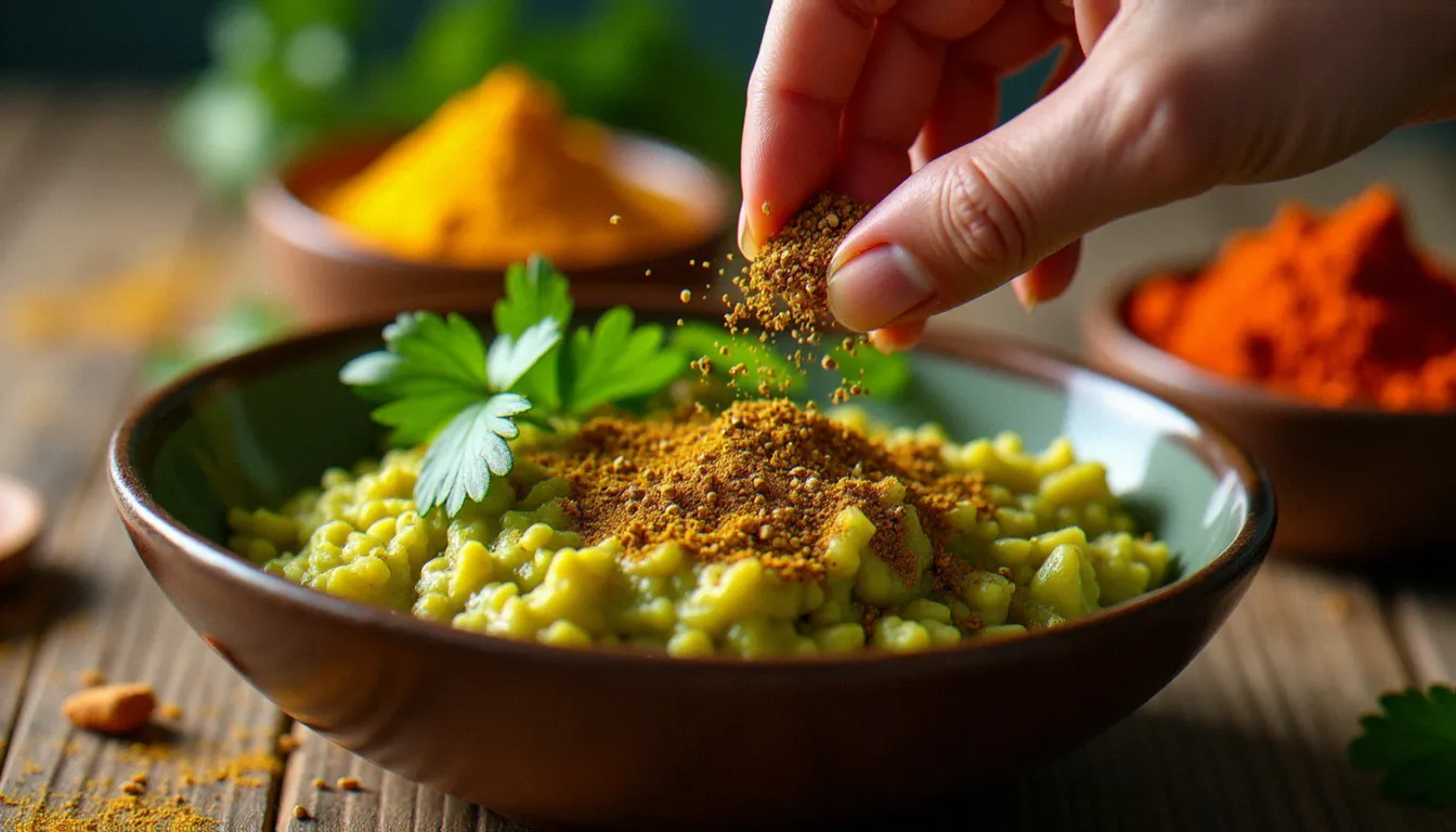 Assaisonnement d'un bowl healthy avec des épices aromatiques, cumin et coriandre fraîche, témoignant du soin apporté à la construction gustative des plats